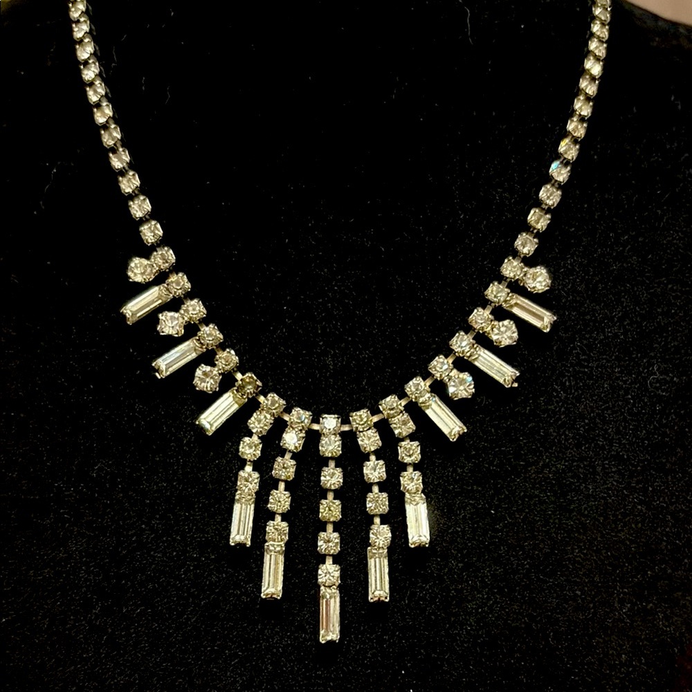 Vintage rhinestone necklace, Silvertone shepherds hook clasp